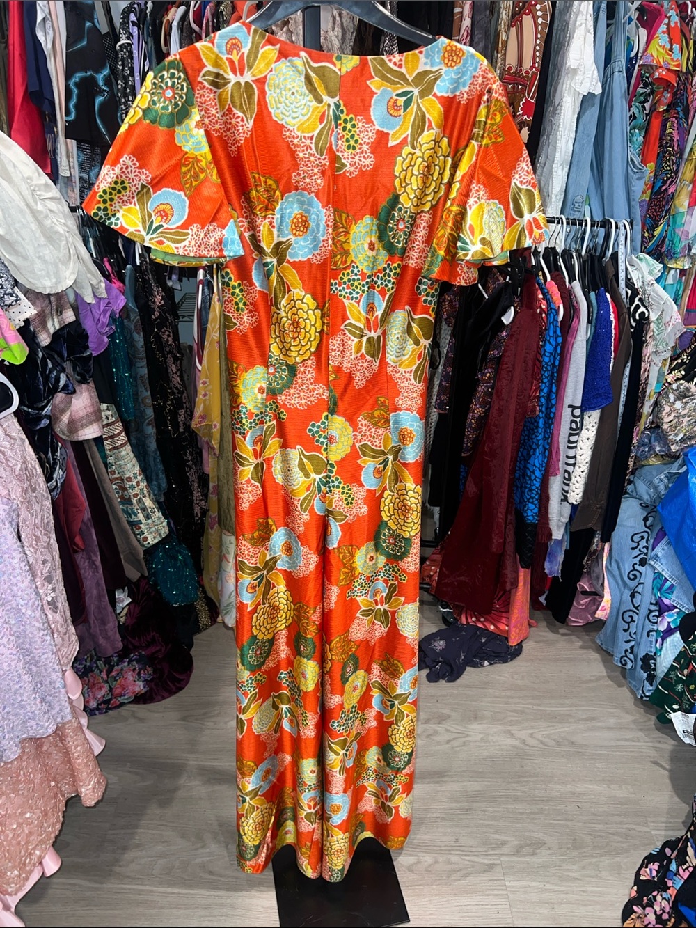 70s Bright Floral Orange wide leg jumpsuit